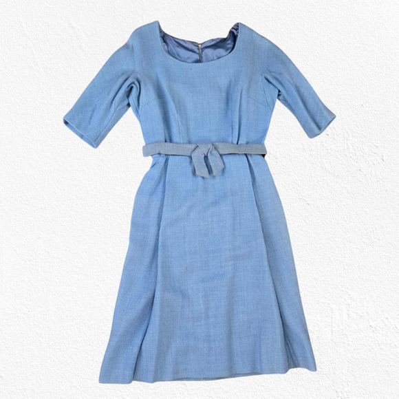 1950s Vintage Light Blue Rockabilly Belted Wool Dress USA Union Made Size 2 - Picture 1 of 15